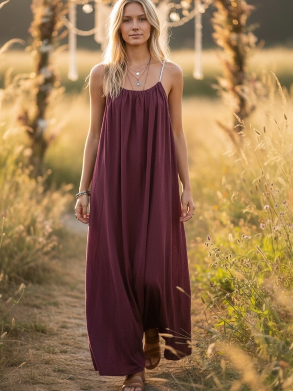 Jaded Gypsy Boho Spaghetti-Strap Maxi Dress in Wine OS